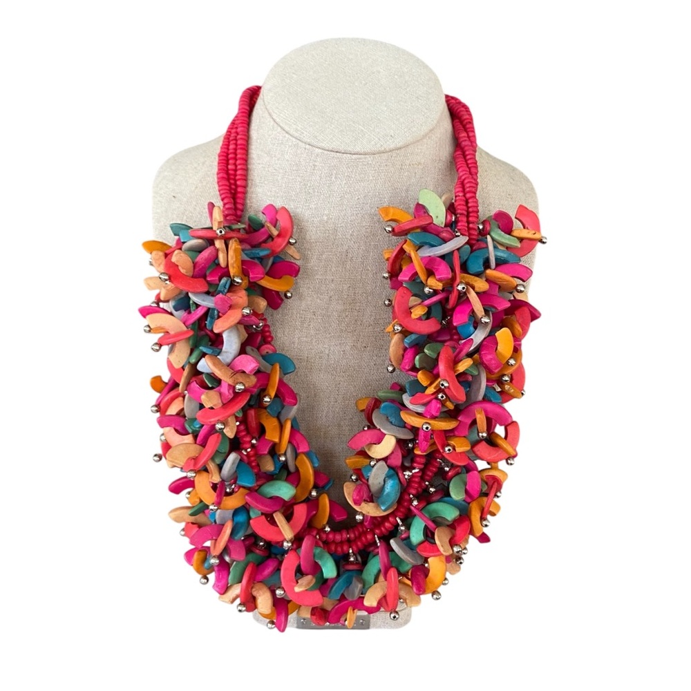 Vintage 80s Wooden Chunky Pink Multicolored Statement Necklace Funky